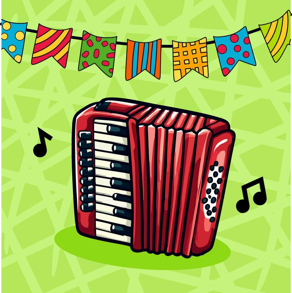 A drawing of a red accordion on a green background with flags and a banner for a party. vector