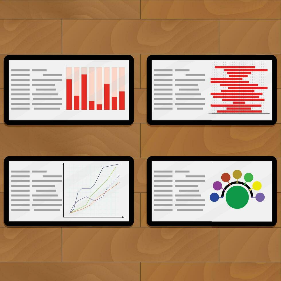 Tablets with statistical marketing, vector planning and strategy illustration