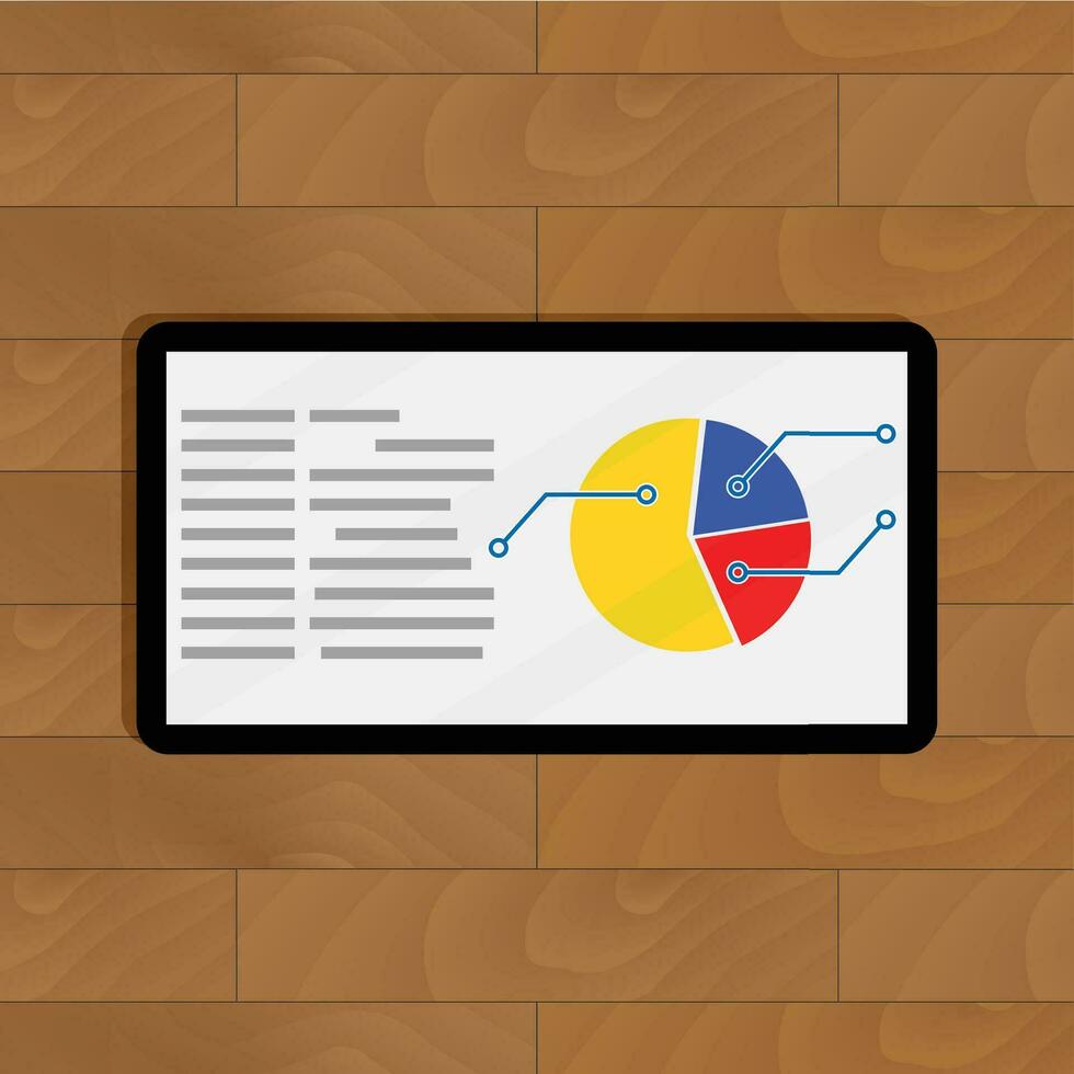 Pie chart on tablet. Creative diagram on gadget, data report on tablet, vector illustration