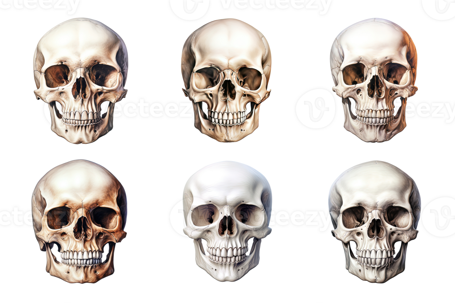 Front view of human skull collection isolated on transparent background. ai generated png