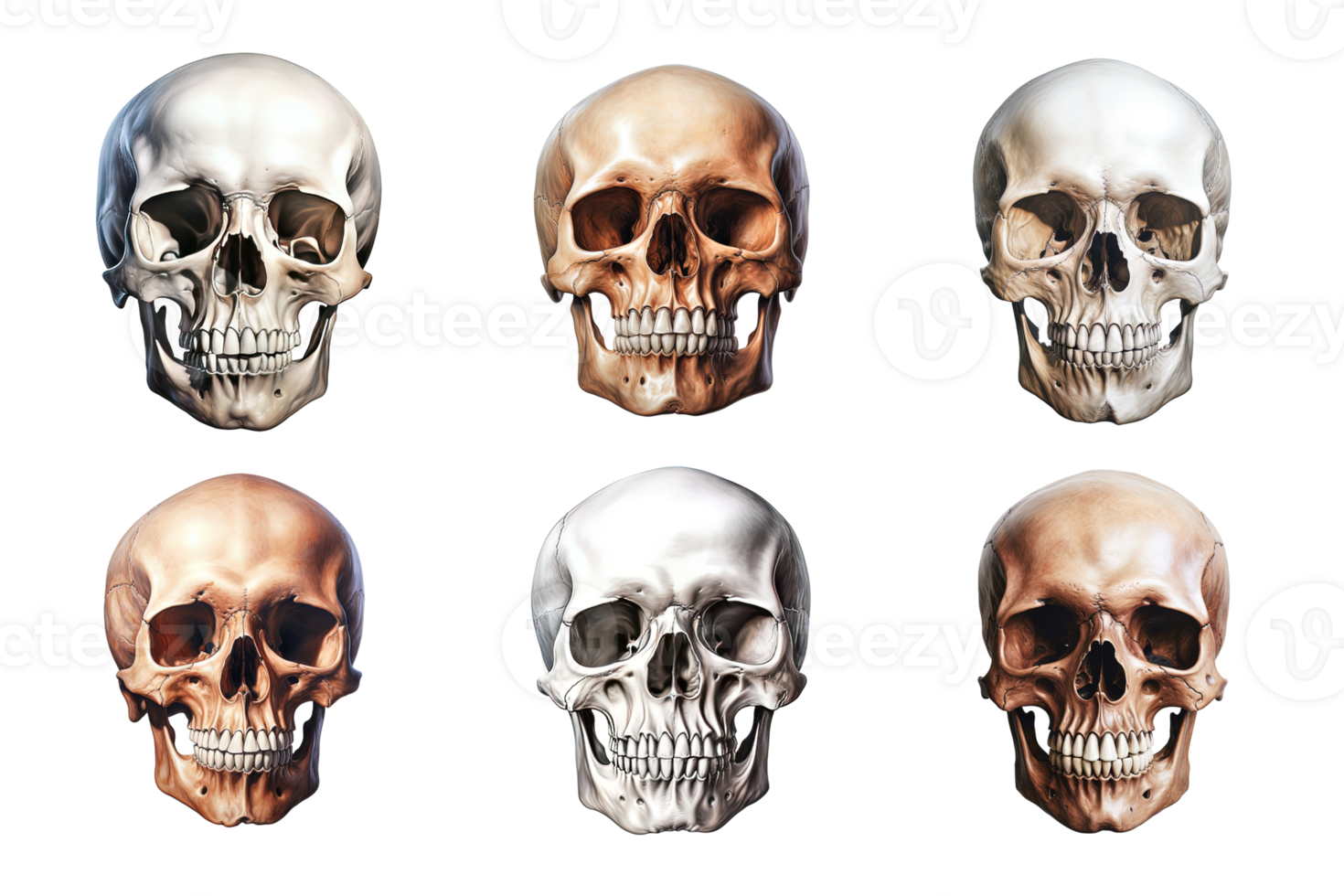 Front view of human skull collection isolated on transparent background. ai generated png