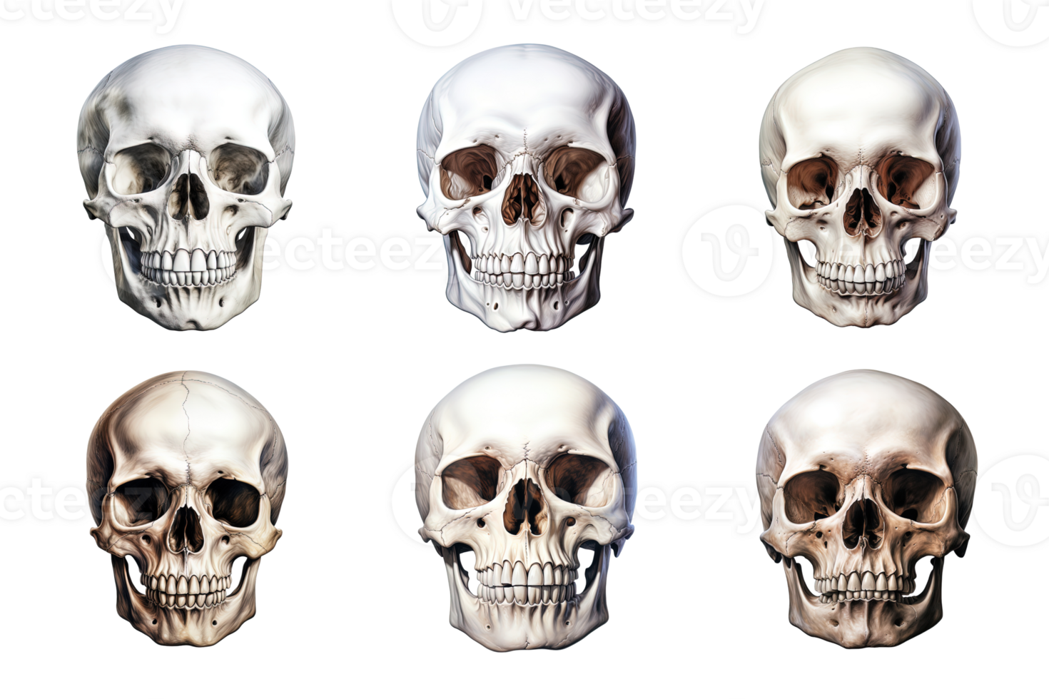Front view of human skull collection isolated on transparent background. ai generated png
