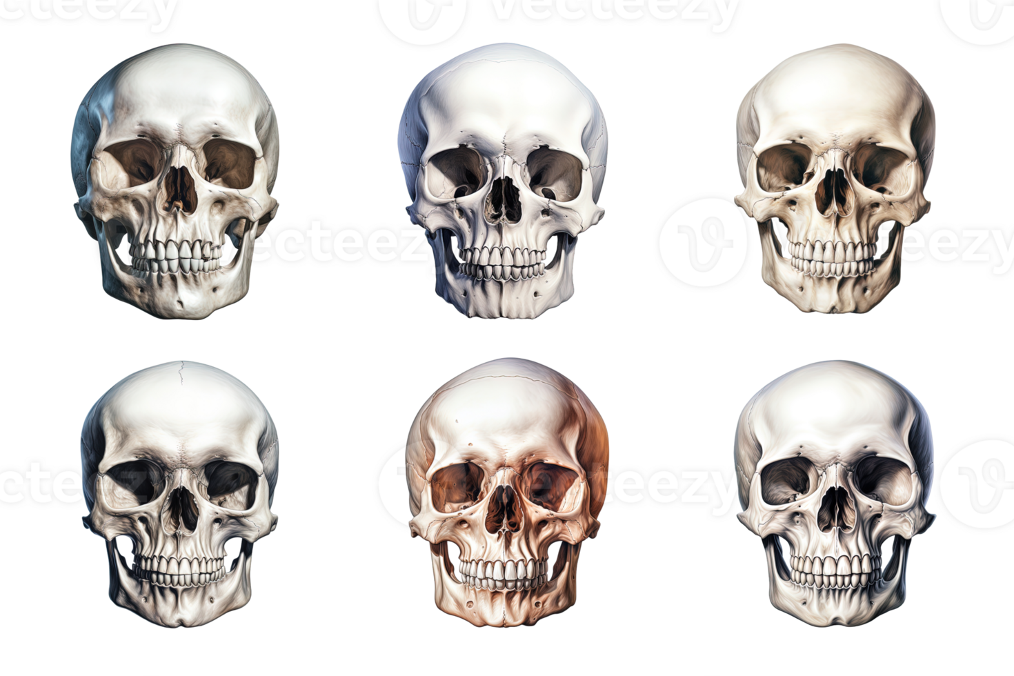 Front view of human skull collection isolated on transparent background. ai generated png