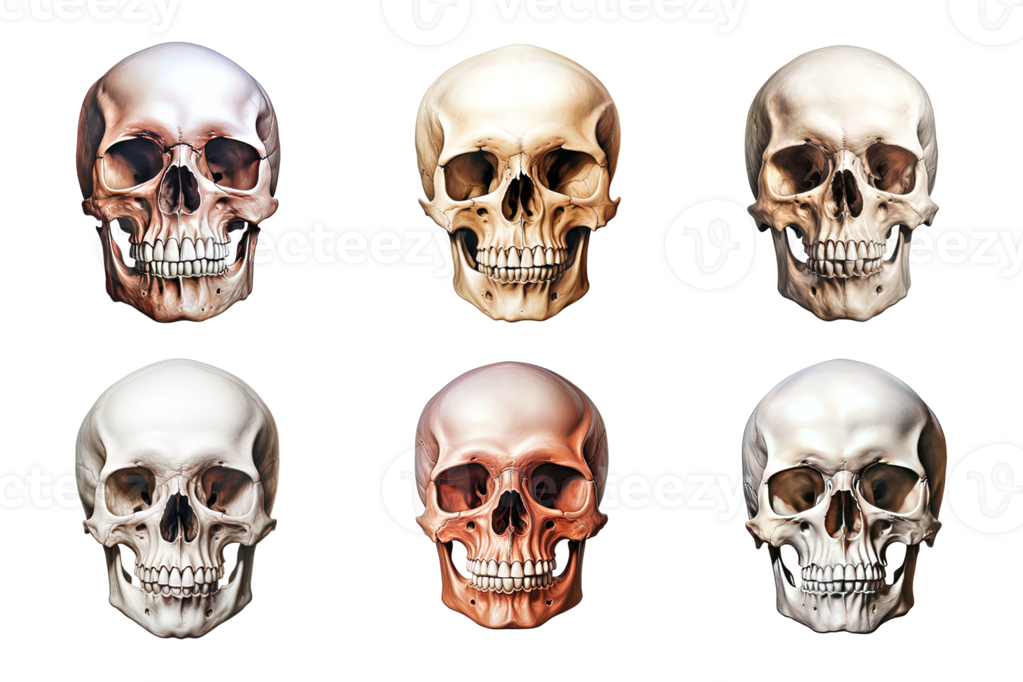 Front view of human skull collection isolated on transparent background. ai generated png