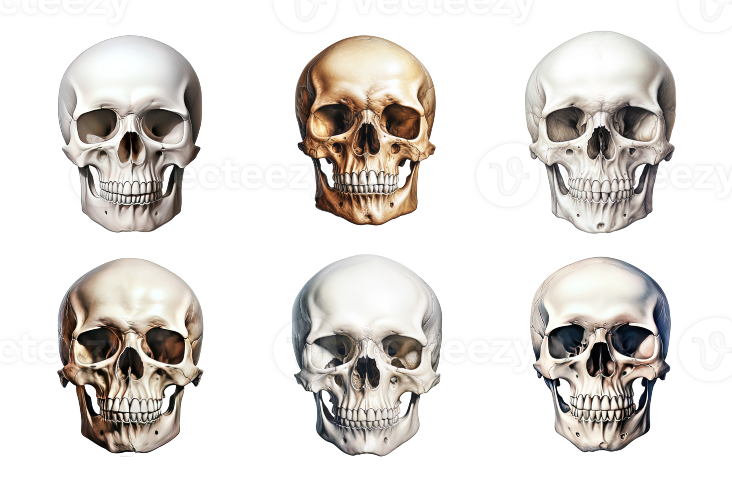 Front view of human skull collection isolated on transparent background. ai generated png