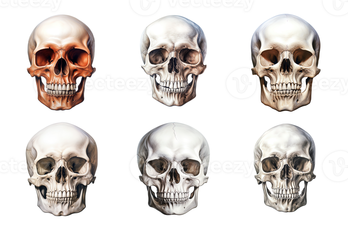 Front view of human skull collection isolated on transparent background. ai generated png