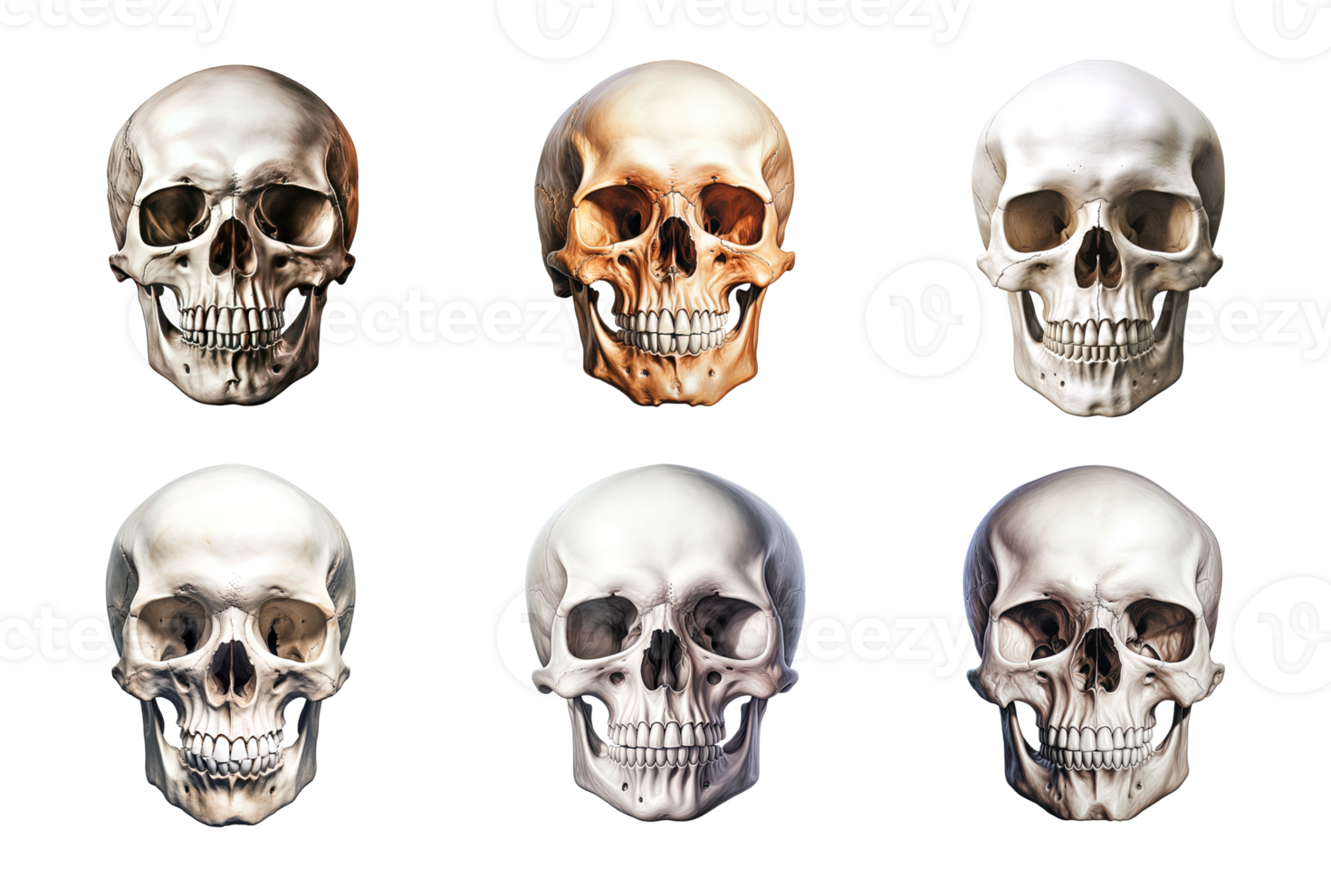 Front view of human skull collection isolated on transparent background. ai generated png