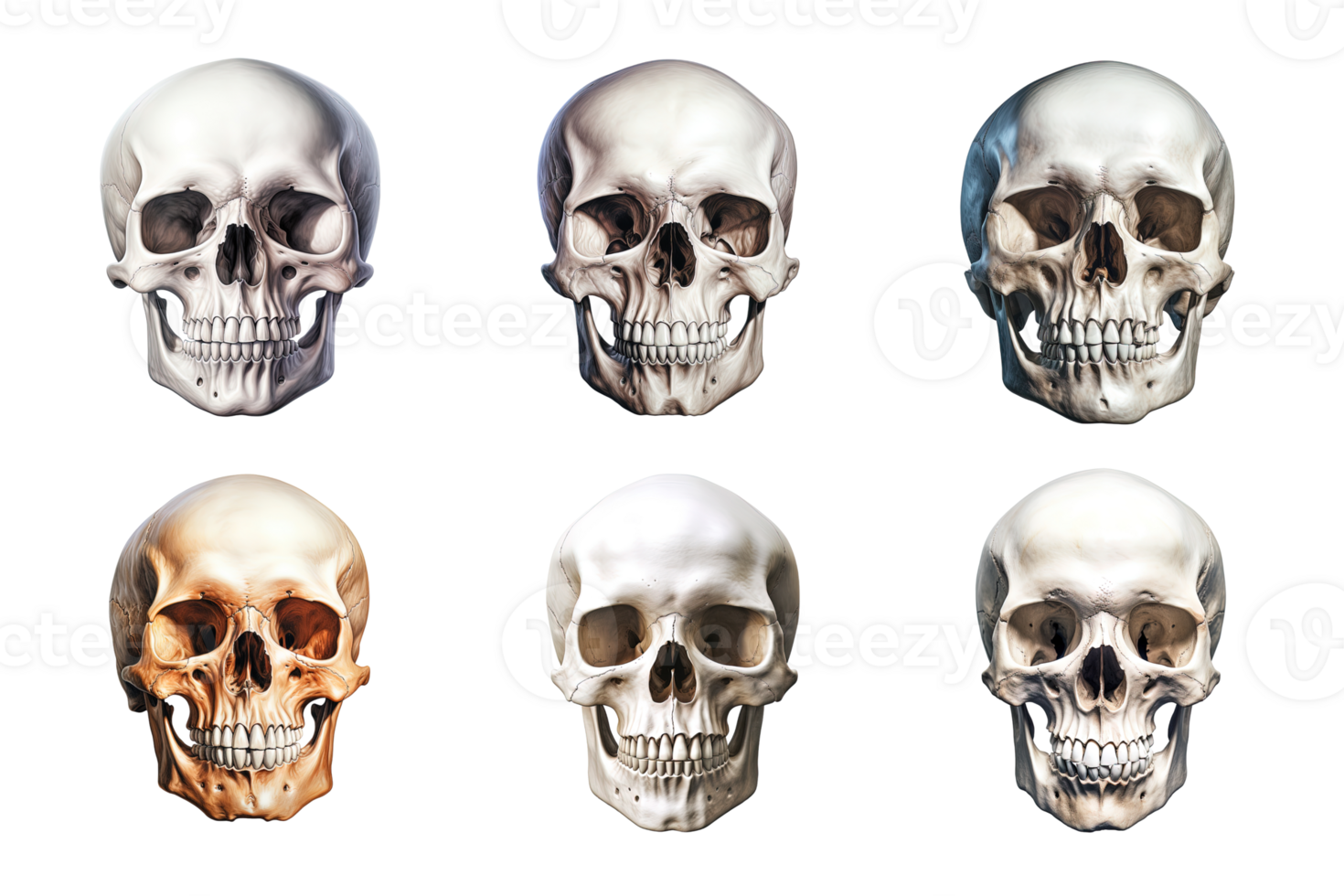 Front view of human skull collection isolated on transparent background. ai generated png