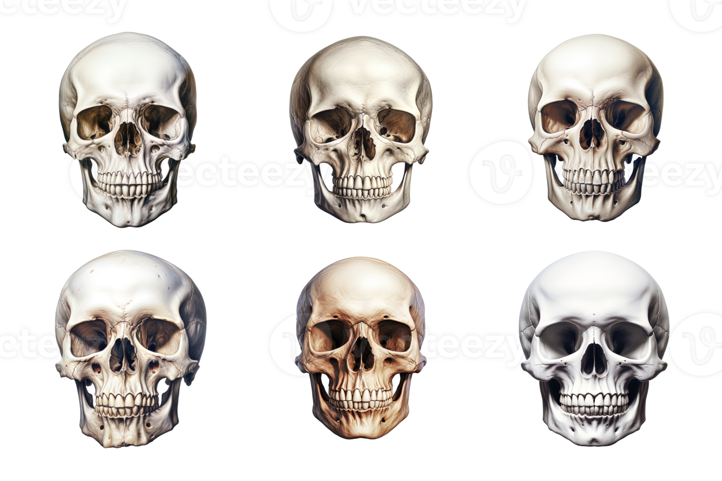 Front view of human skull collection isolated on transparent background. ai generated png