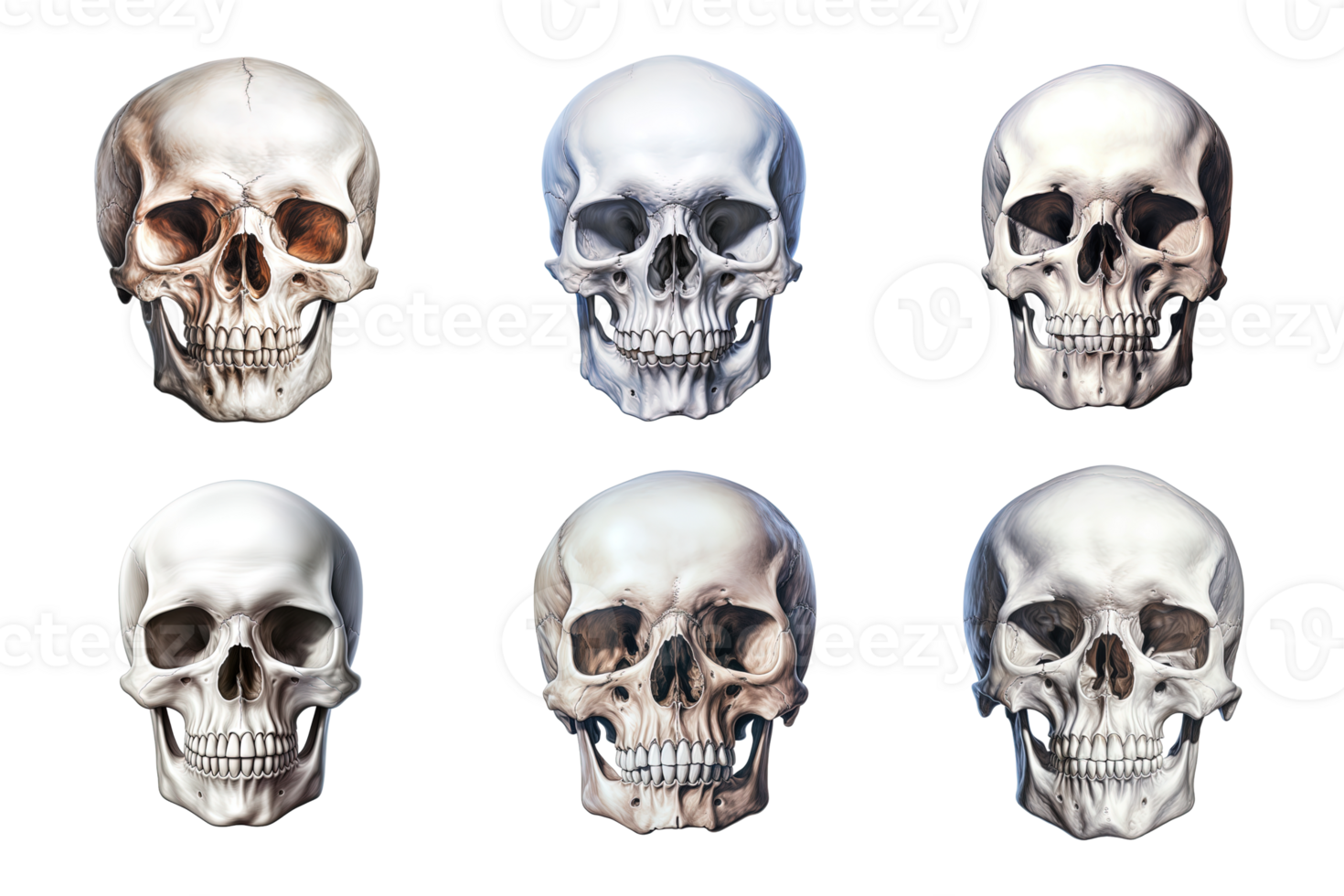 Front view of human skull collection isolated on transparent background. ai generated png