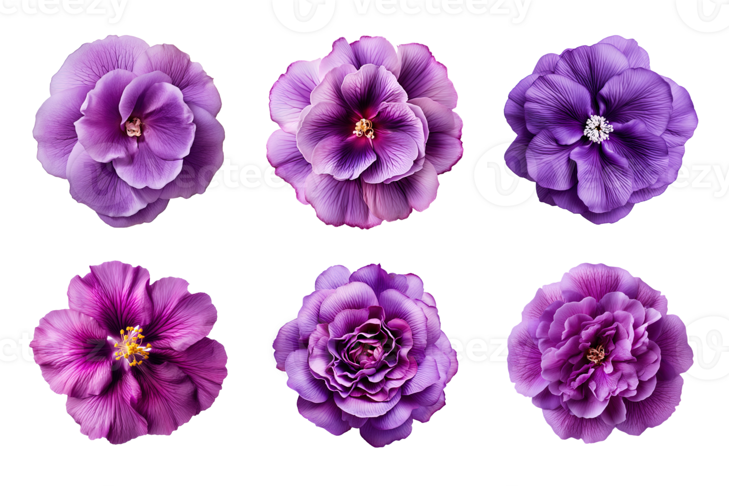 Selection of various purple flowers isolated on transparent background. ai generated png