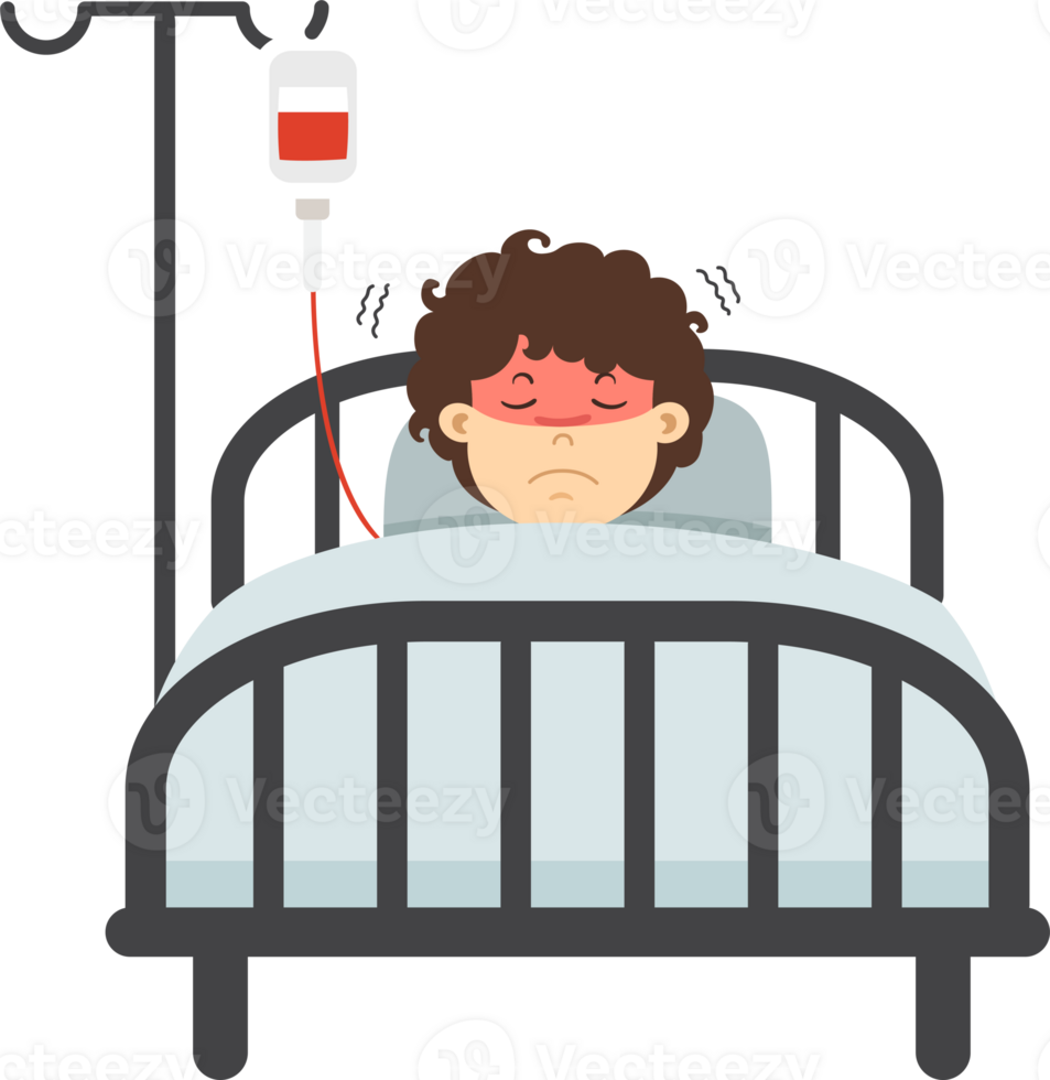 Kid boy lying in bed with high fever png