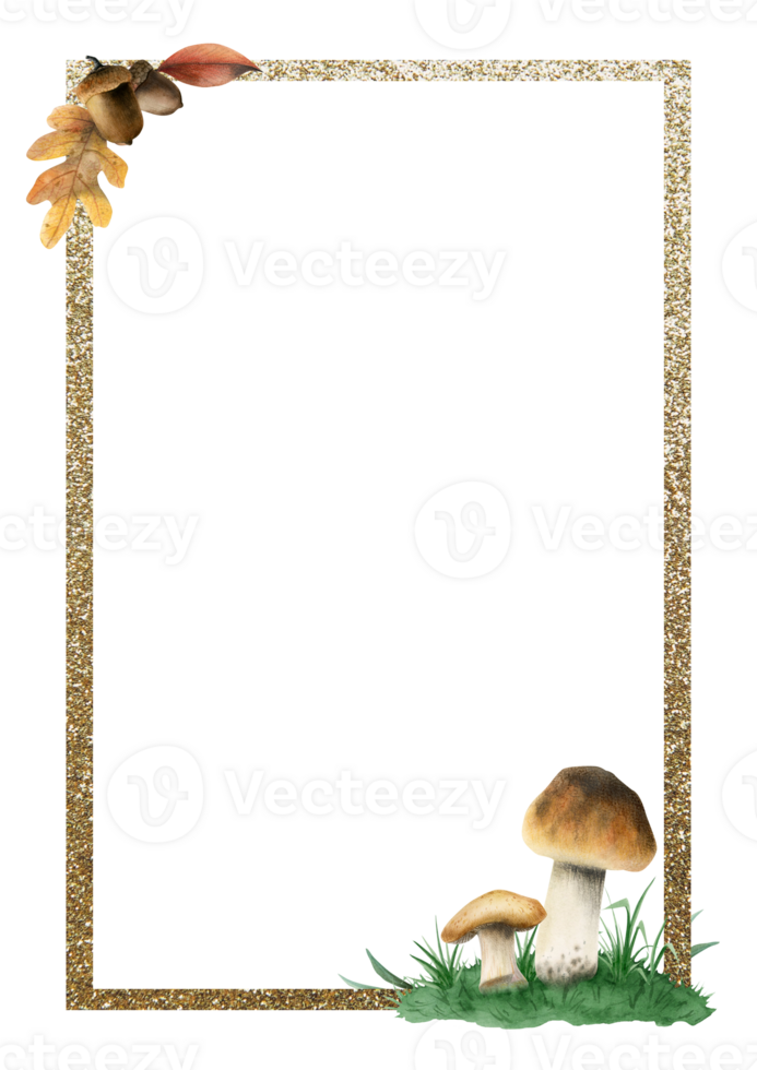 Vertical edible brown mushrooms rectangular frame watercolor illustration. Banner template with for A6 notebook or copybook sheets design png