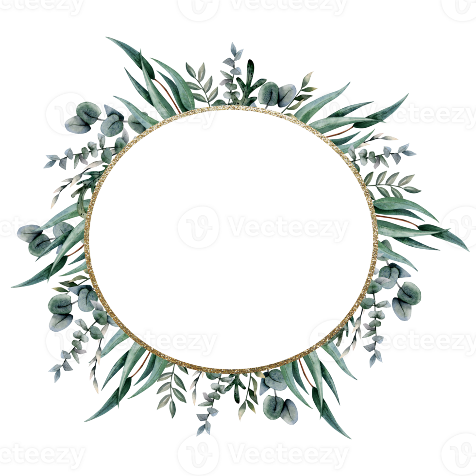 Eucalyptus golden round frame with silver dollar branches and grass. Elegant botanical green watercolor illustration png