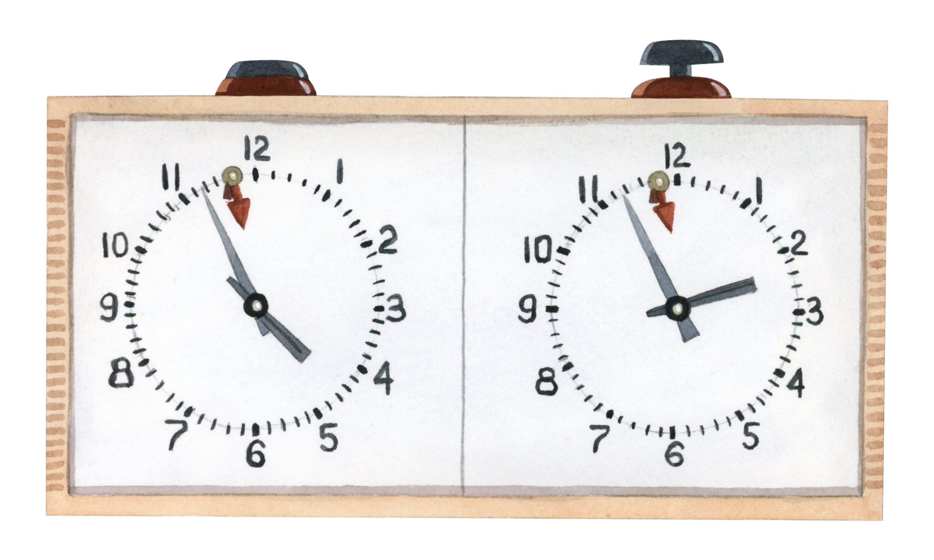 Wooden classic chess clock with mechanical clock hands watercolor