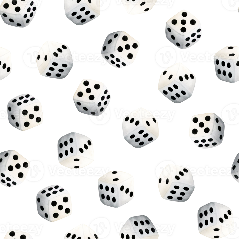 White gambling dices cubes watercolor seamless pattern for hobby and table games designs png