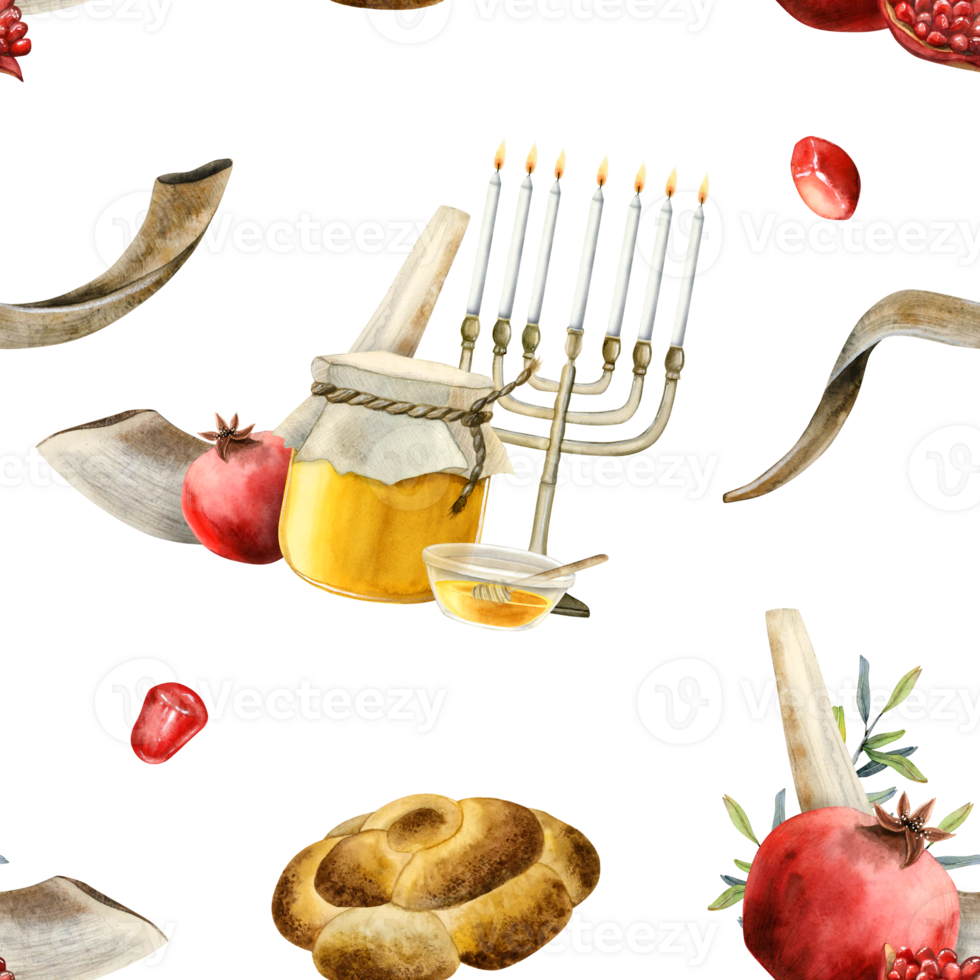 Rosh hashanah symbols watercolor seamless pattern with shofars, menorah, traditional food for Jewish new year gift wrapping and greeting designs. png