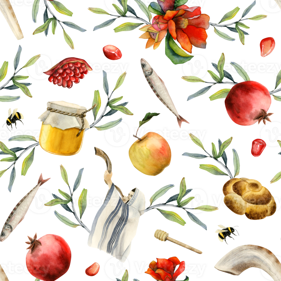 Rosh hashanah watercolor seamless pattern for Jewish new year gift wrapping and greeting designs with pomegranates, honey, apples, blowing shofar, flowers, challah png