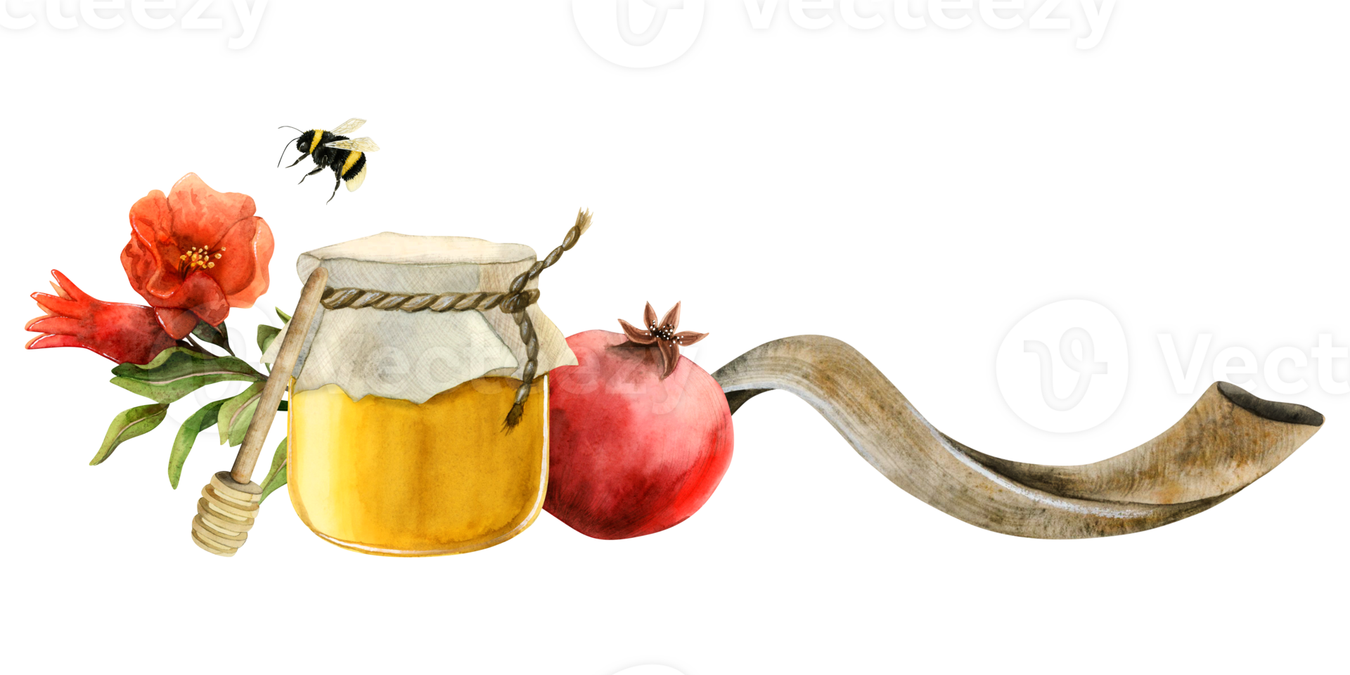 Rosh Hashanah Horizontal greeting banner template with honey jar, pomegranate fruit and flowers, long shofar horn watercolor illustration for Jewish new year and yom kippur. png