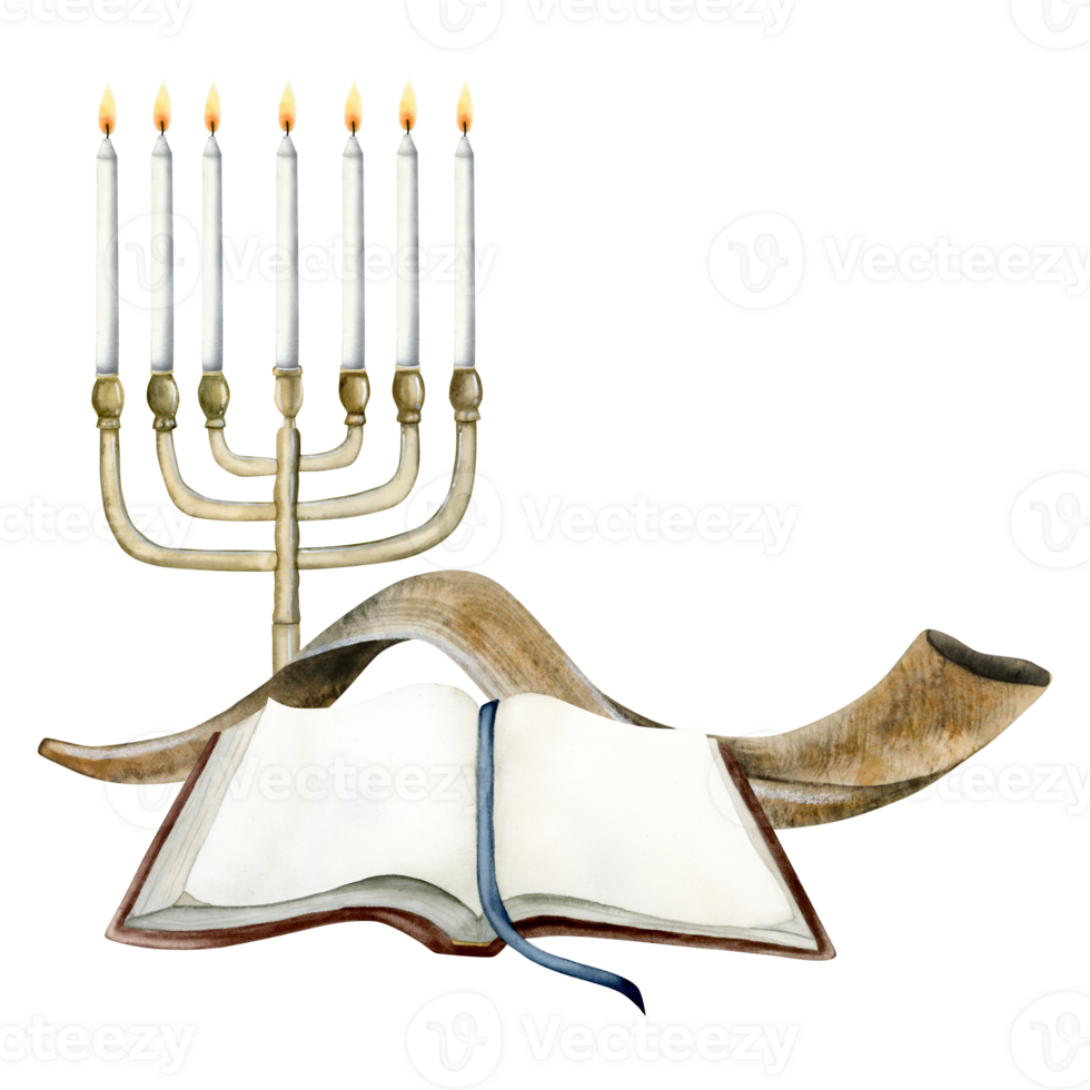 Yom Kippur greeting card template for Jewish holiday New Year, Rosh Hashanah with Torah book, menorah and shofar horn. Gmar hatimah tovah watercolor illustration png