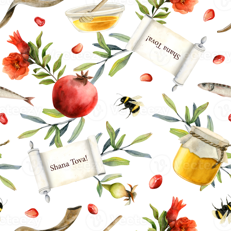 Shana Tova watercolor seamless pattern for Rosh Hashanah Jewish new year gift wrapping with scroll, greetings, pomegranates, honey, apples, shofar, flowers png