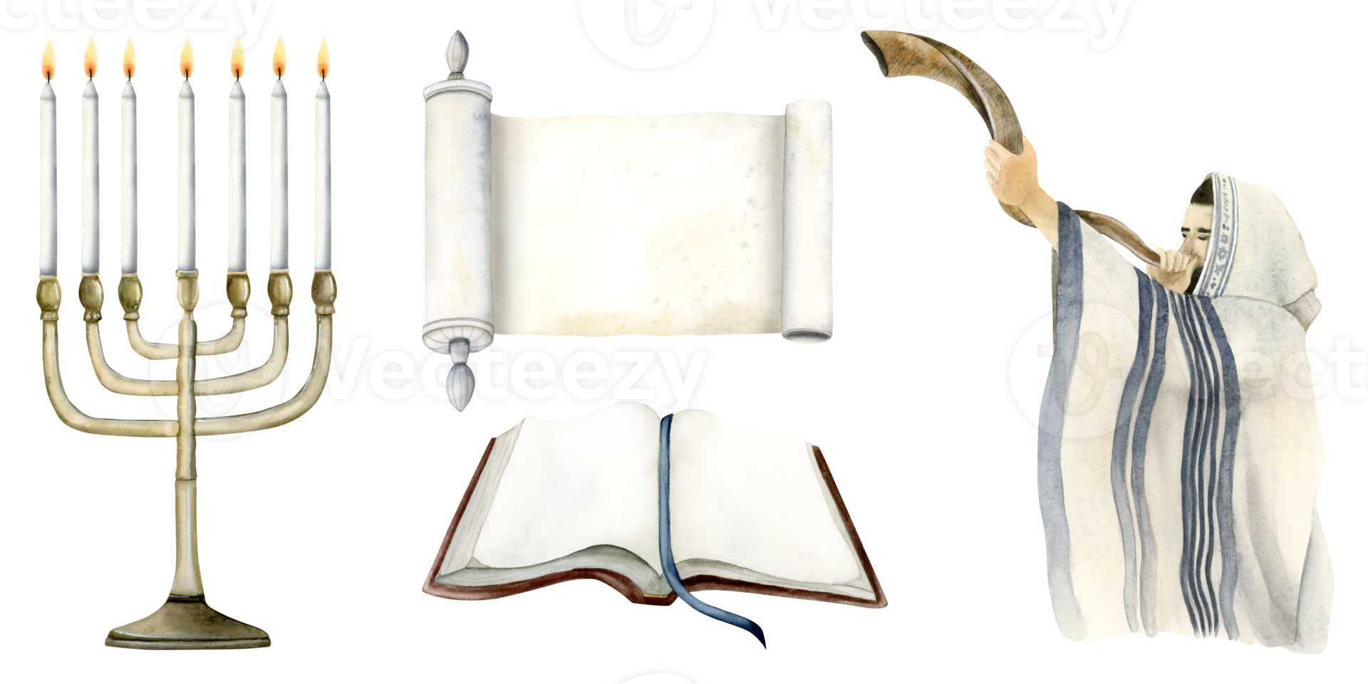 Yom Kippur watercolor illustration set for Day of Atonement with Jewish