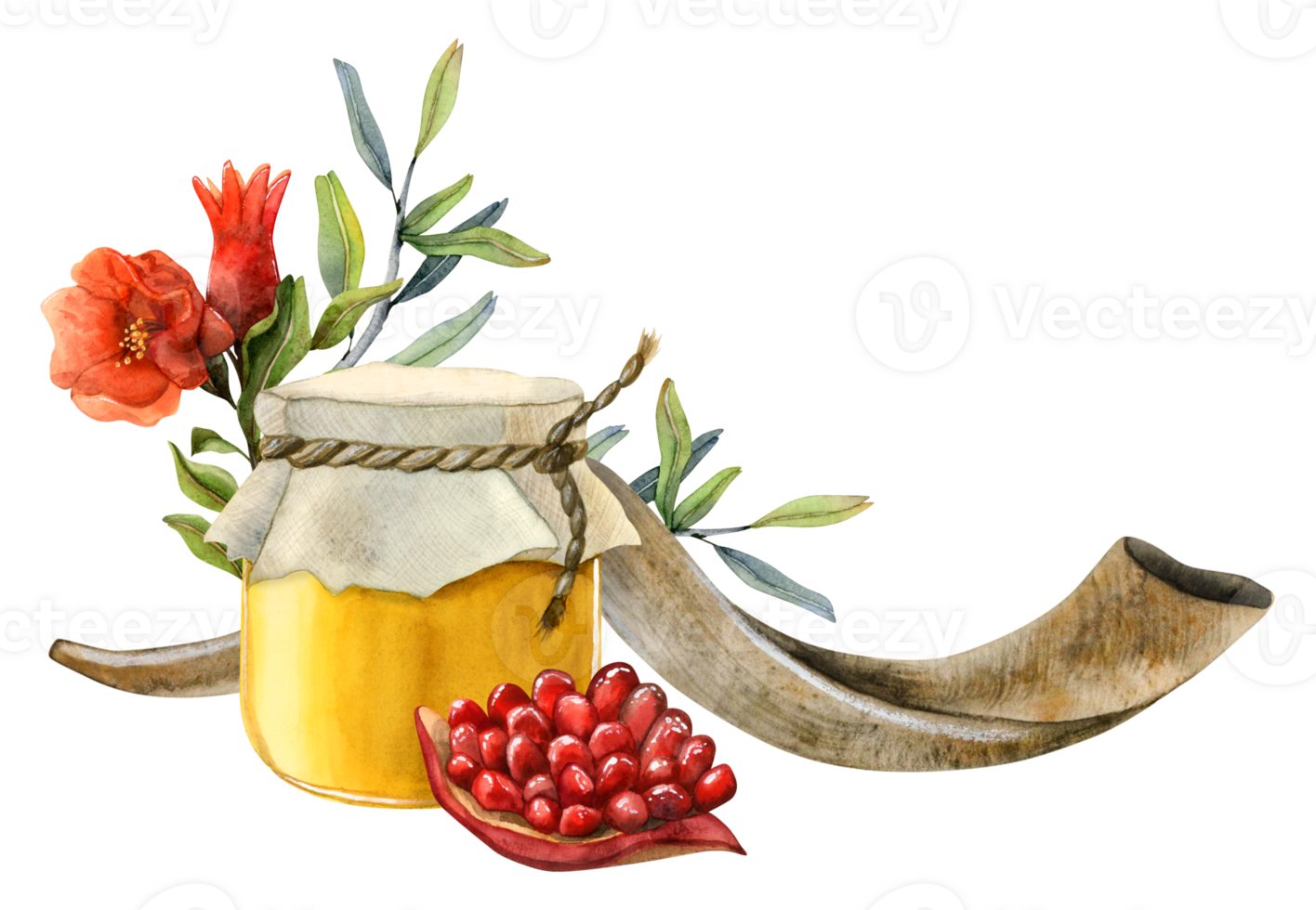 Happy Rosh Hashanah greeting banner template with honey jar, pomegranate fruit, flowers and leaves, long shofar horn watercolor illustration for Jewish new year and Yom Kippur. png