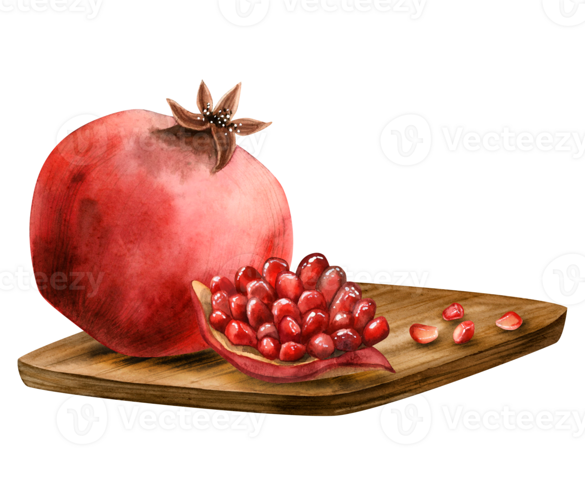 Juicy pomegranates on wooden board watercolor illustration whole fruit, slice and seeds. Colorful red garnet for Jewish Rosh Hashanah New year greeting designs, exotic market, menu png