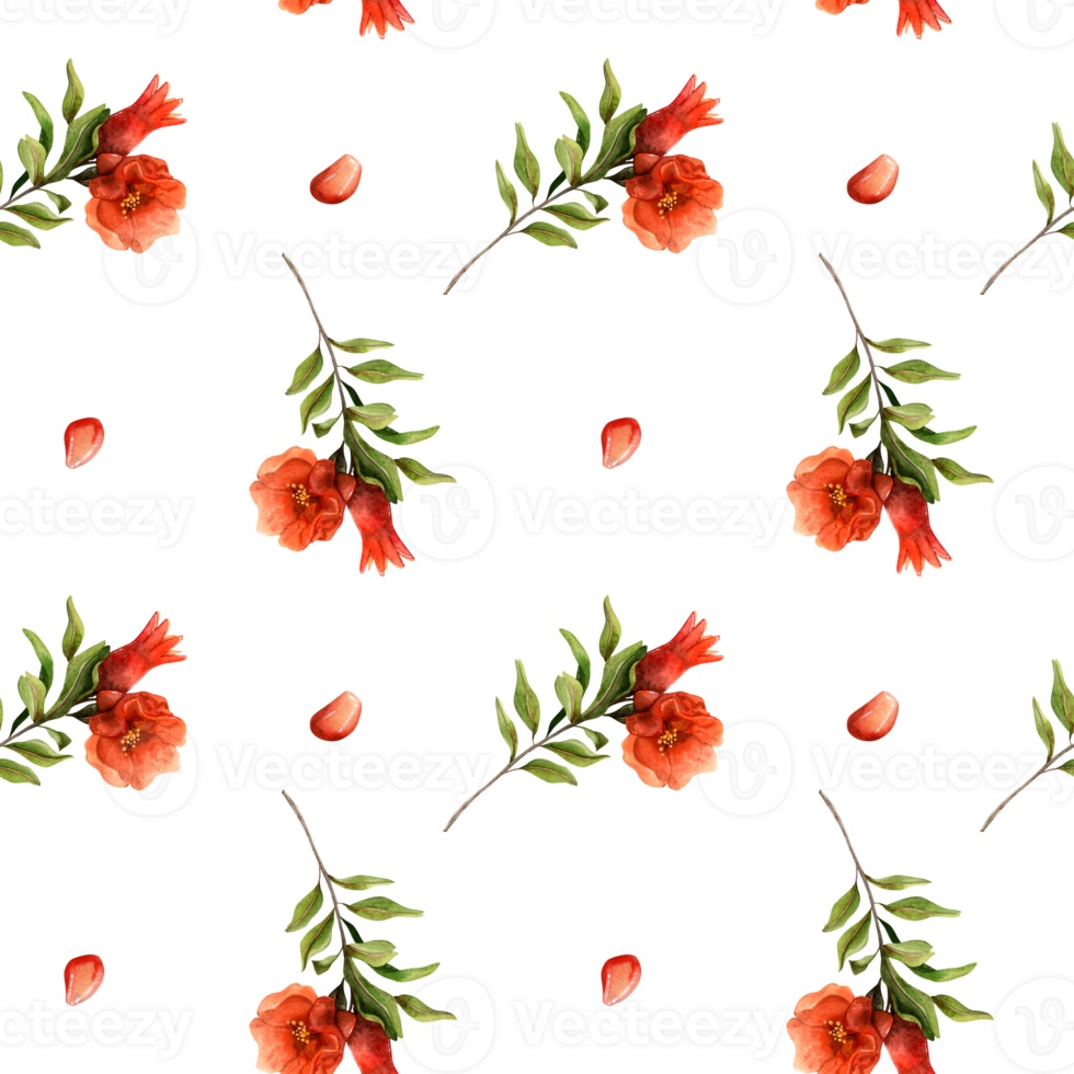 Red pomegranates flowers and seeds watercolor seamless pattern with bright branches. Botanical realistic illustration for wrapping paper, fabric, food and cosmetics products png