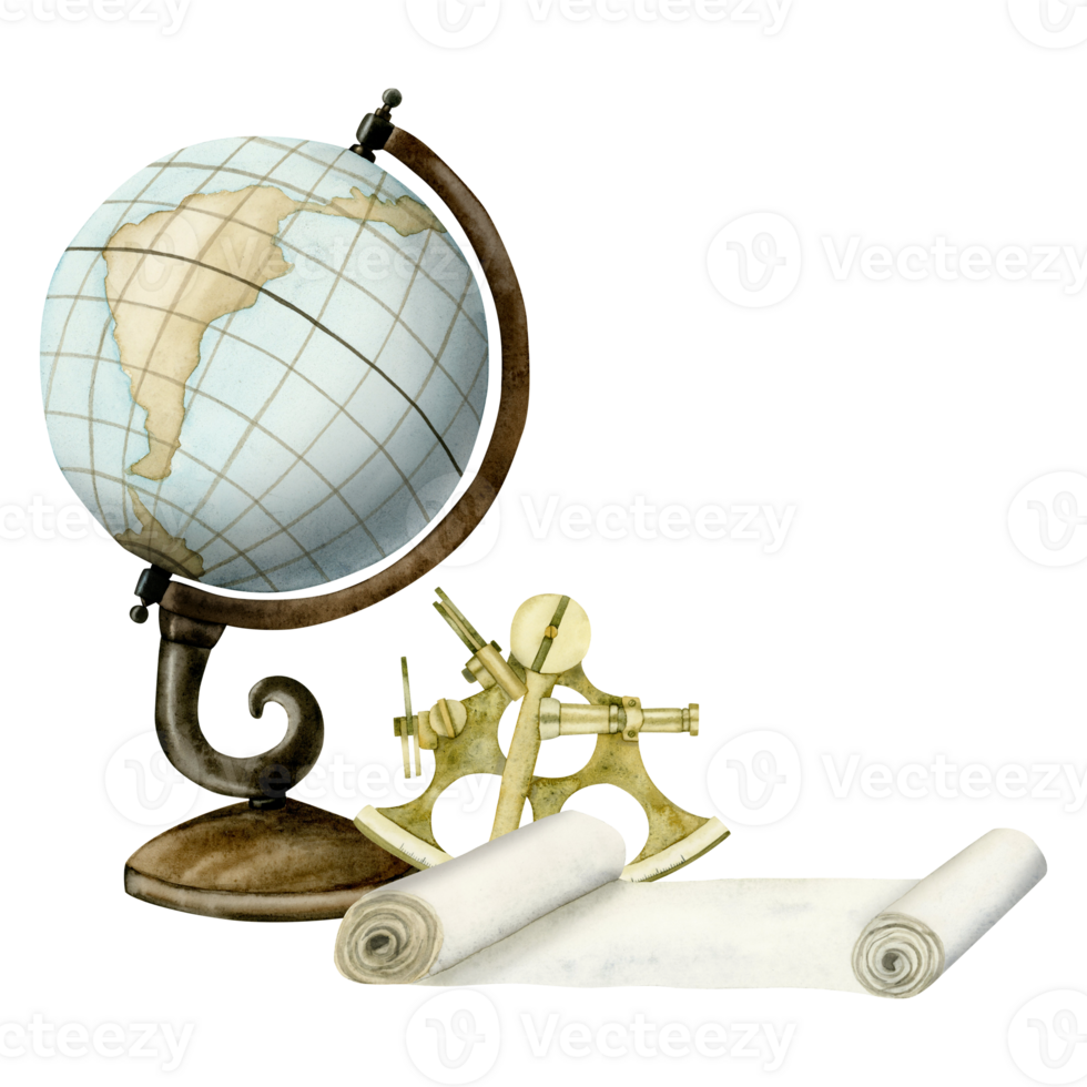 Vintage globe, sextant and map scroll watercolor illustration for sailing, travelling, adventures designs png
