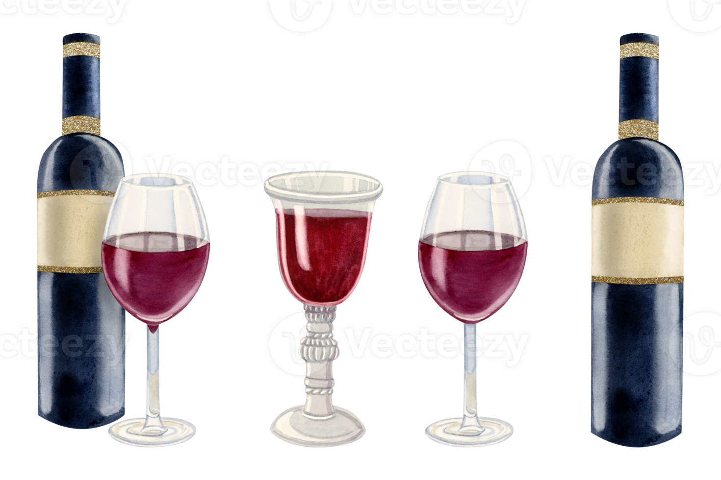 Red wine bottle, glass and transparent goblet watercolor illustration set. Vintage accessories for Kiddush and Shabbat png