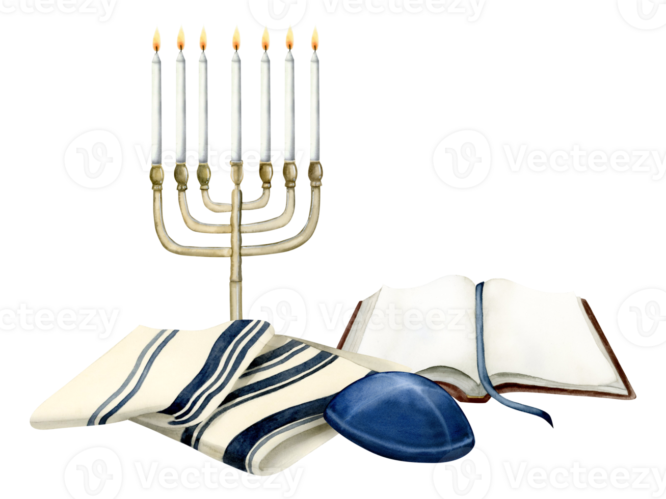 Shabbat prayer or Yom Kippur greeting card template for Jewish holiday with Torah book, menorah, kippah and tallit. Gmar hatimah tovah watercolor illustration png