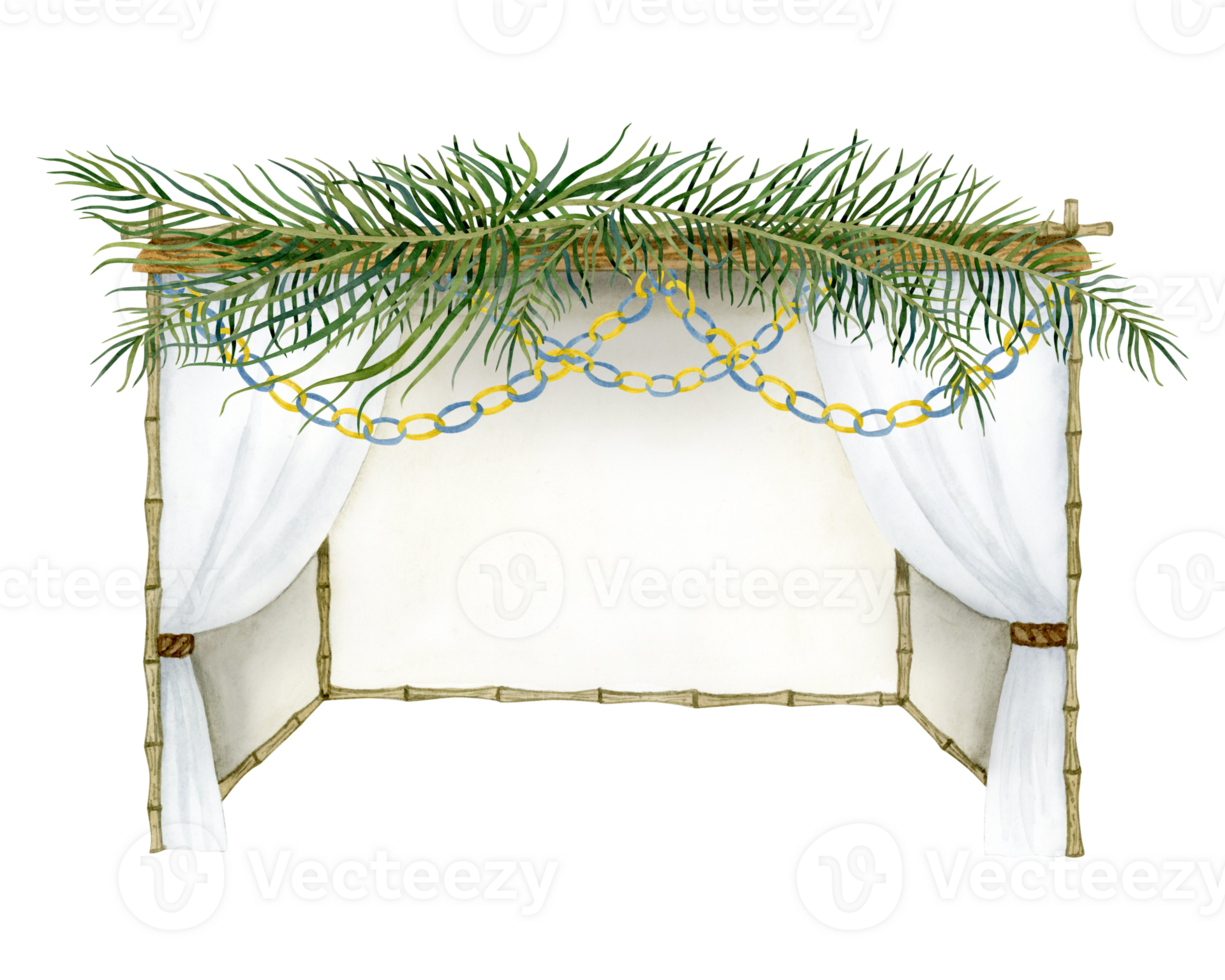 Jewish Sukkah with palm leaves on the top and paper decorations