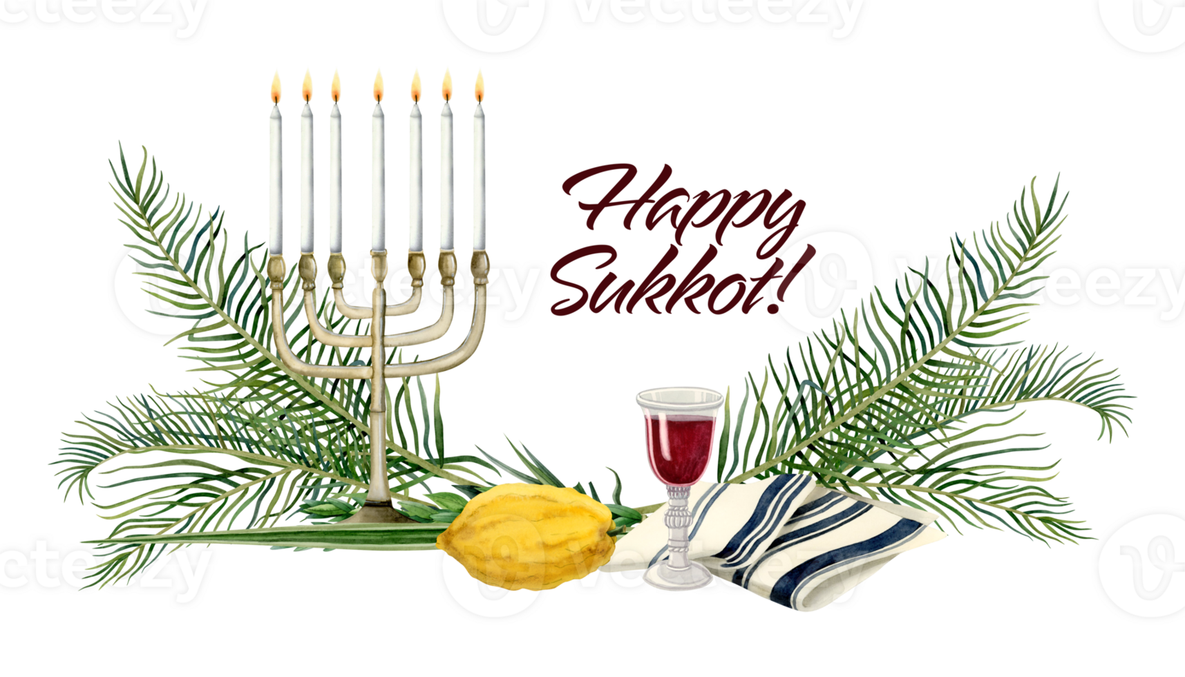 Happy Sukkot greeting banner watercolor illustration for Jewish Feast of Tabernacles with palm leaves, etrog fruit, Lulav, Arava, Hadass, menorah, tallit red wine glass png