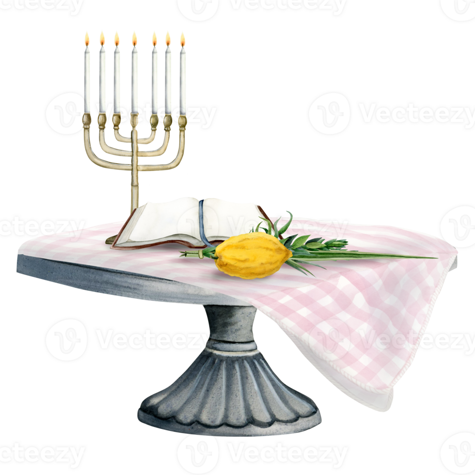 Sukkot ceremony plants, menorah with candles and Torah book on round coffee table with striped tablecloth watercolor illustration png