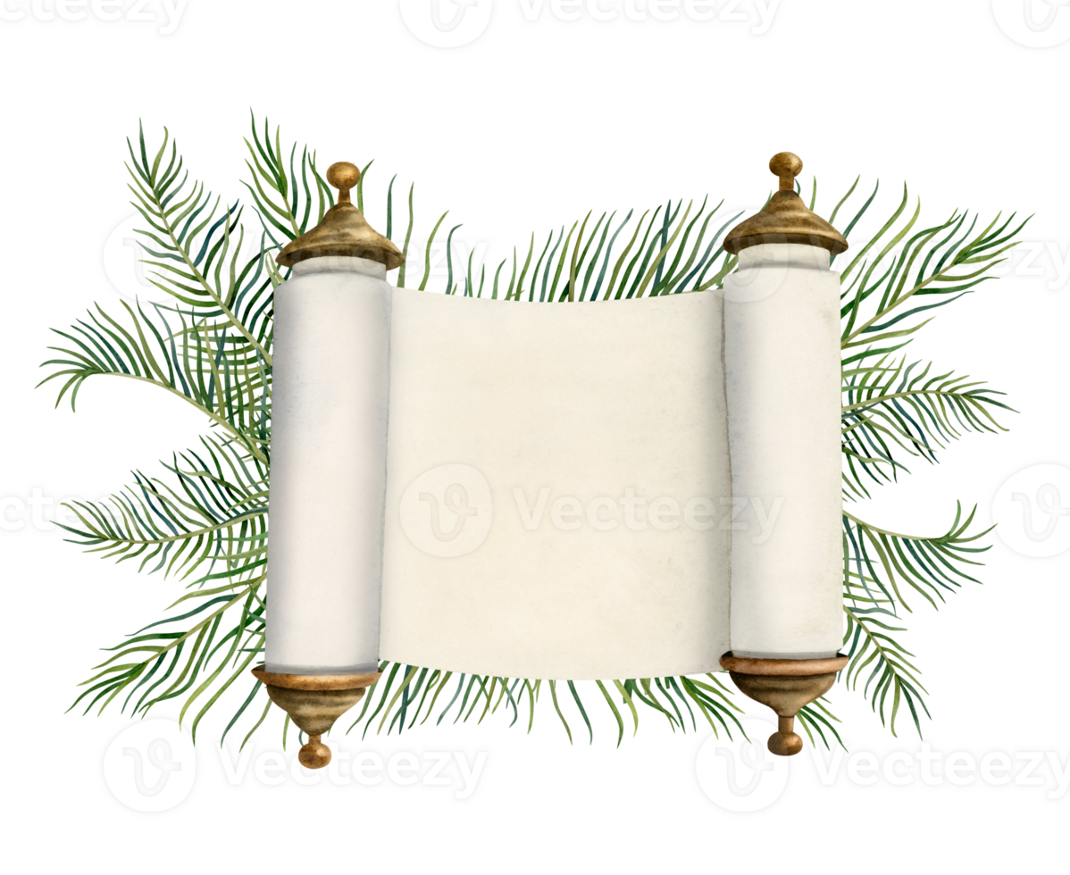 Tropical palm leaves and ancient paper scroll banner template watercolor illustration. Date palm leaves for Jewish holidays, historic events png