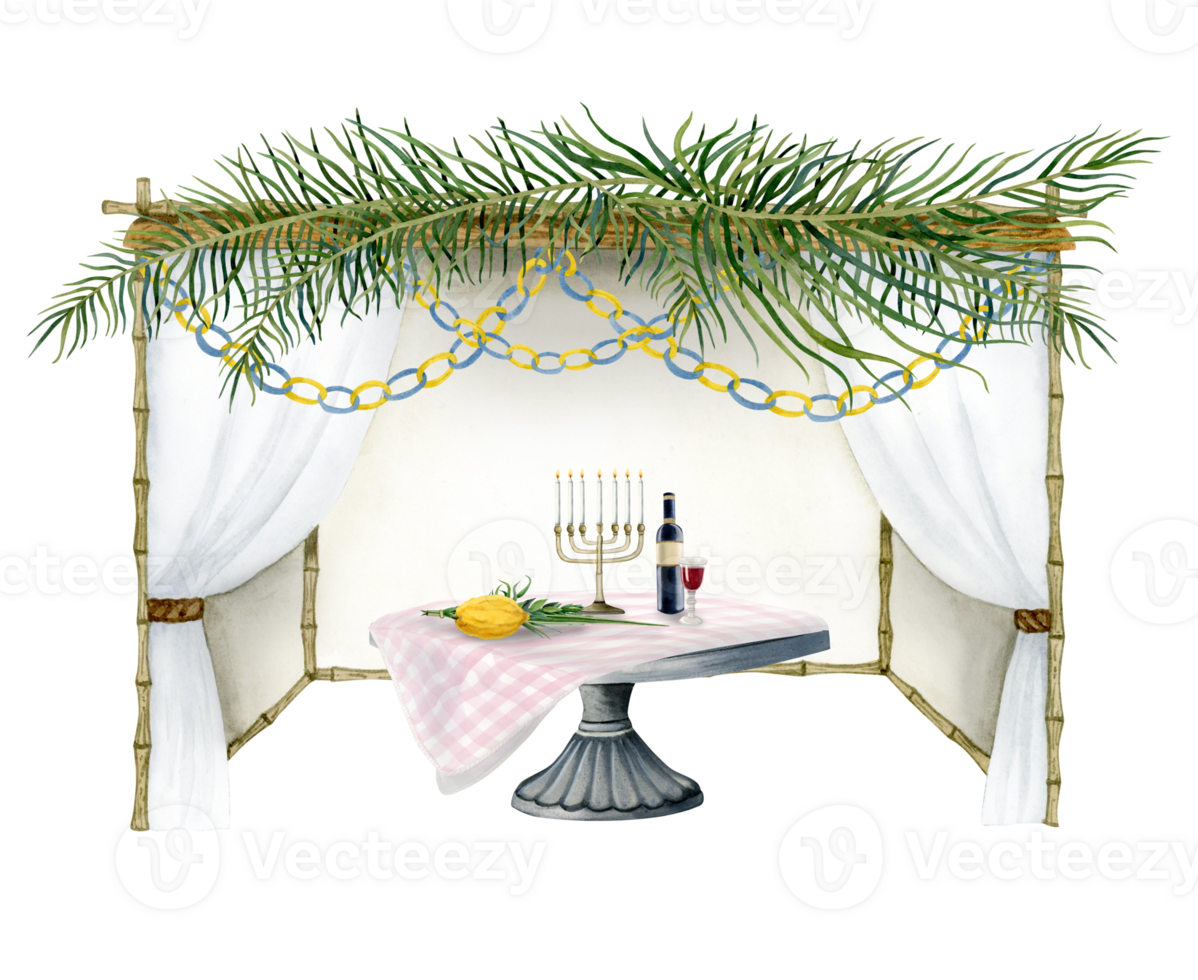 Sukkah with palm leaves, paper decorations and Jewish Sukkot symbols, menorah, wine, lulav on table watercolor illustration for Jewish holiday. Hand drawn succah hut png