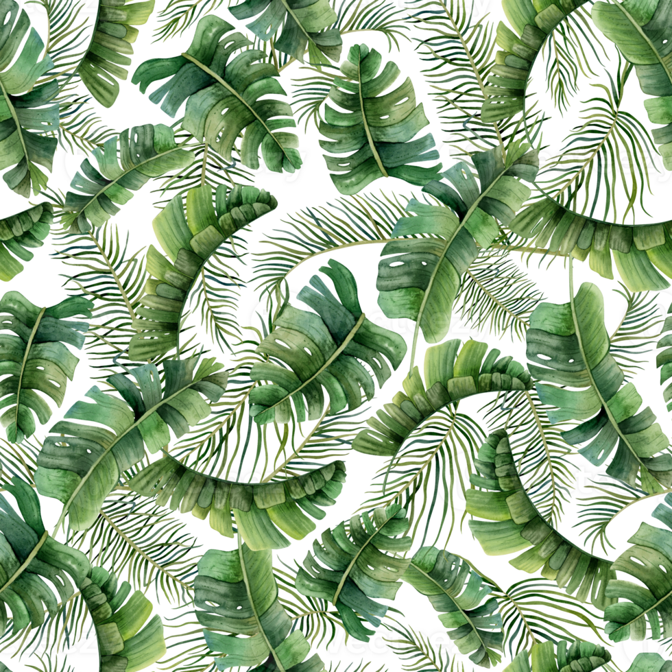 Watercolor tropical palm leaves watercolor seamless pattern with green jungle plants, date palm tree, monstera and banana leaves for prints, fabric or wallpapers png