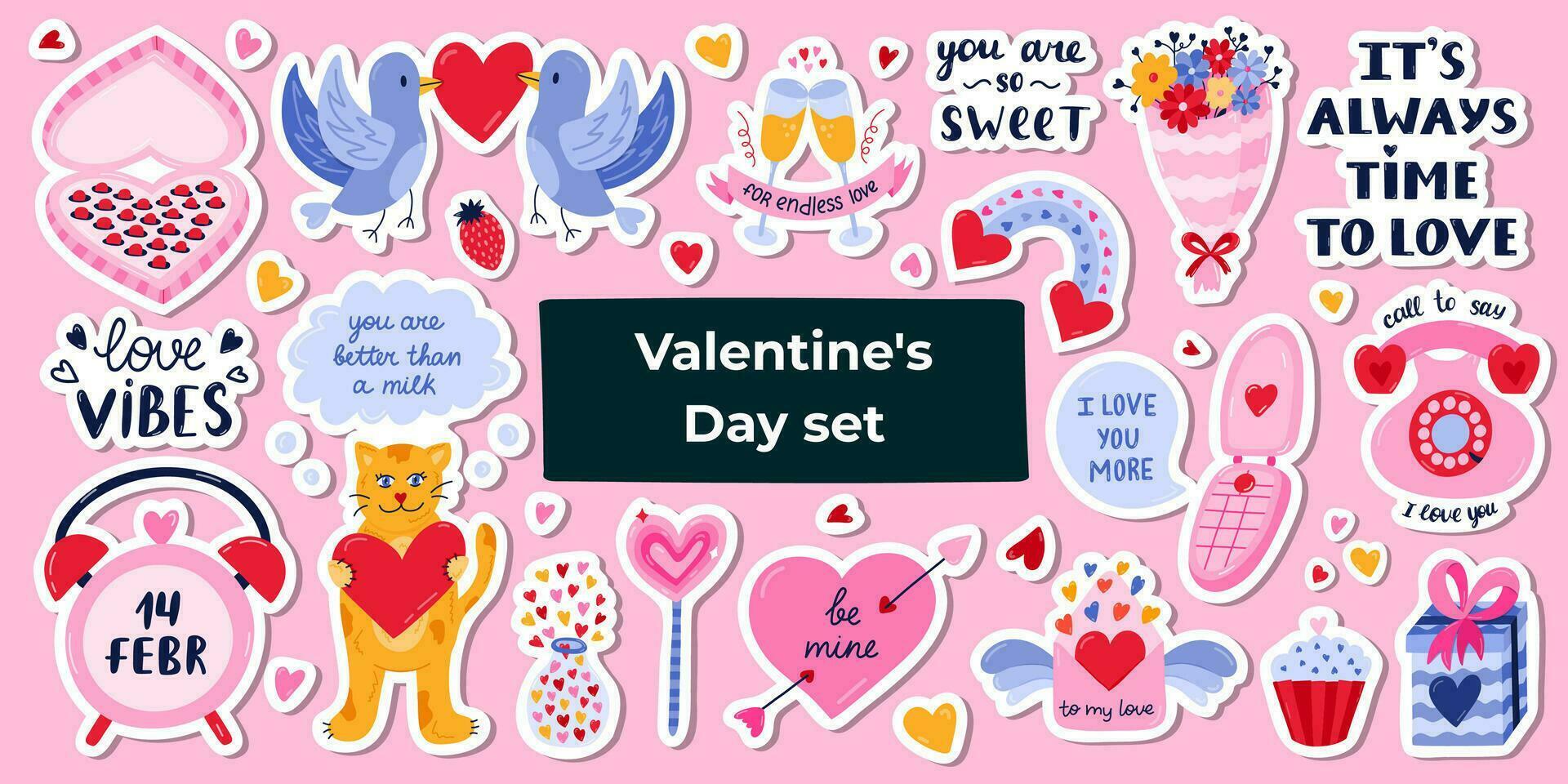 Big set of stickers for St. Valentine's day. Clipart and lettering set with hand drawn isolated vector. Holiday, love, romance concept. Letter, gift, sweet, champagne, phone, rainbow, clock, flower. vector