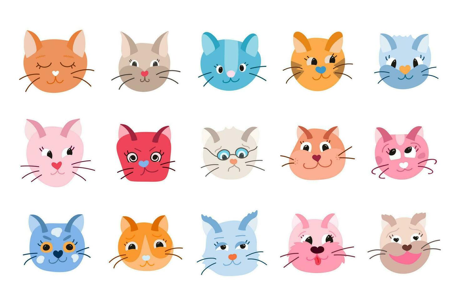 Vector set of cute cats faces close up with different emotions - happy, sad, angry, embarrassed, insidious, arrogant, playful, laughing, enamored etc. Trendy colorful clipart isolated on background.