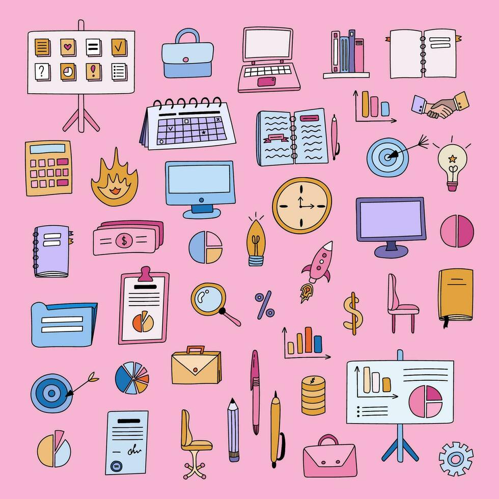 Big business set with colorful hand drawn cliparts in cartoon style. Vector illustrations isolated on background. Briefcases. lamps, money and finances, laptop, computers, planners, calendars etc.