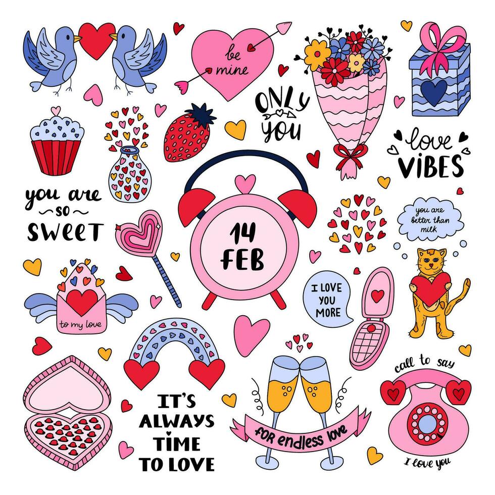 Big clipart and lettering set for St. Valentine's day. Valentine hand drawn isolated vector. Holiday, love, romance concept. Love letter, bird, gift, sweet, champagne, phone, rainbow, clock, flower. vector
