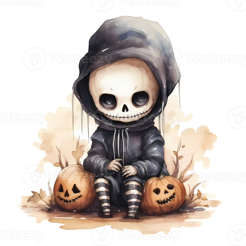 Cute Skeleton Halloween Watercolor AI Generative 27235987 PNG