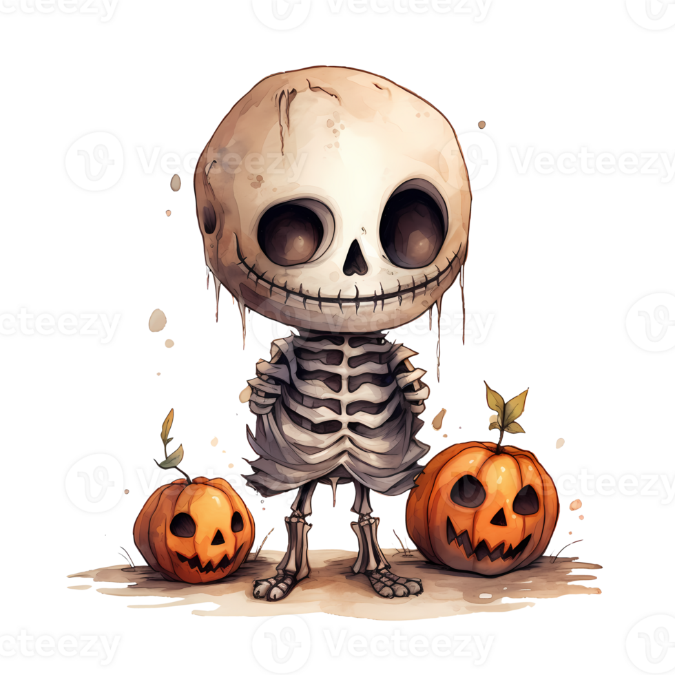 Cute Skeleton Halloween Watercolor AI Generative 27235996 PNG