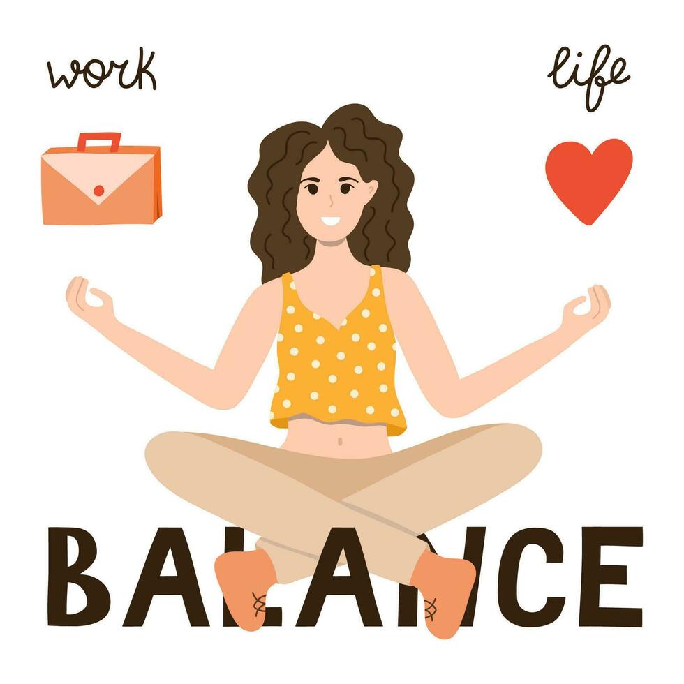 trabajo vida equilibrar vector concepto. un mujer se sienta en yoga loto posición y saldos Entre vida y trabajar. el elección Entre familia, amigos, entretenimiento, amor y carrera profesional, dinero, finanzas, trabajo.