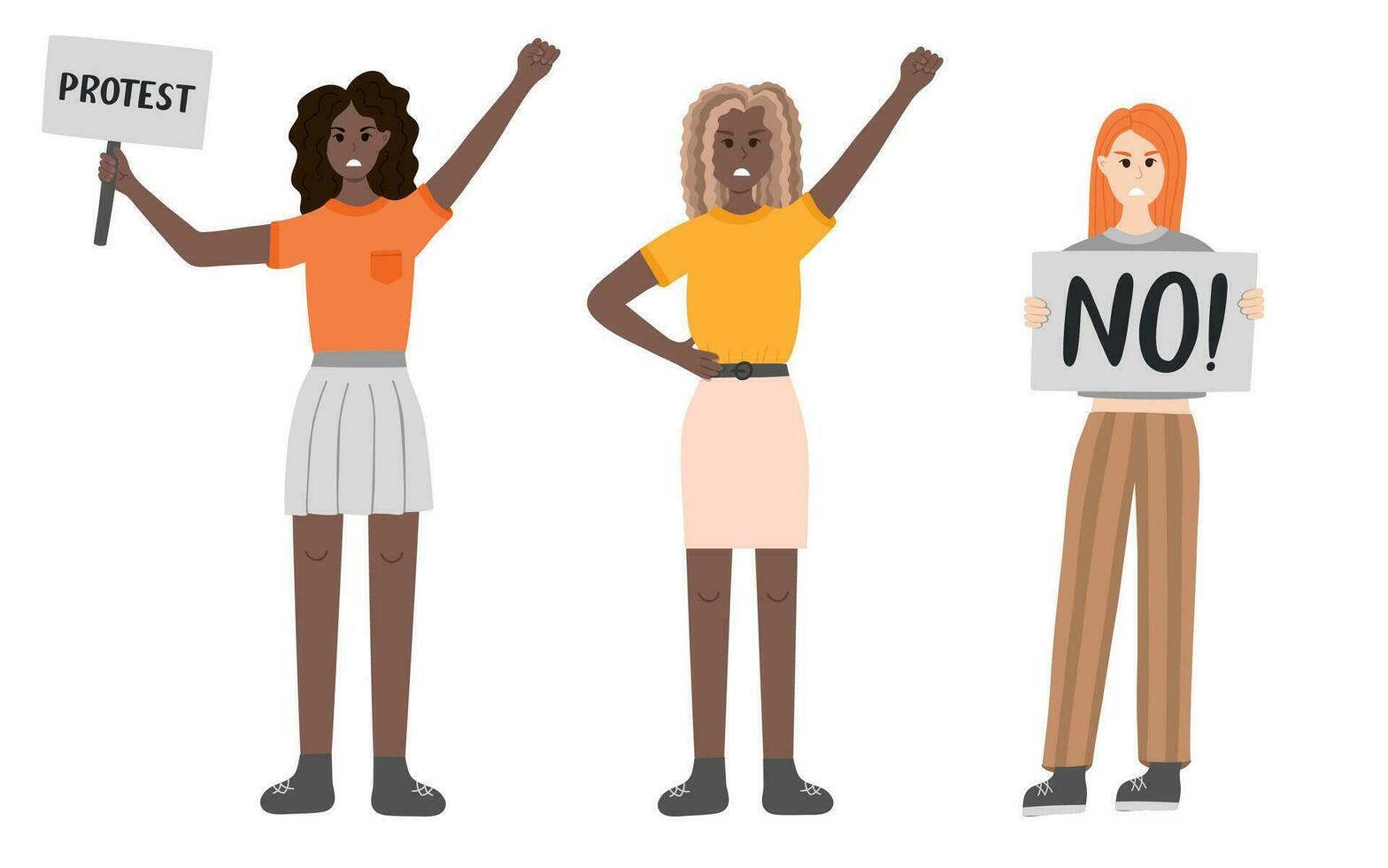 Group of women protest against gender violence. Angry girls in different poses - holding a banner, raising fist up. Civil resistance. Hand drawn vector cartoon illustration. Female community, equality