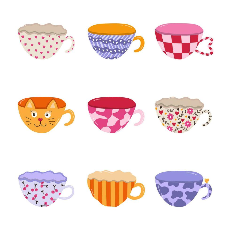 Cute hand drawn set of handmade ceramic mugs with colorful patterns. Different tea cup and coffee mug for scandinavian kitchen. Vector clipart of morning crockery, cartoon cup porcelain tableware