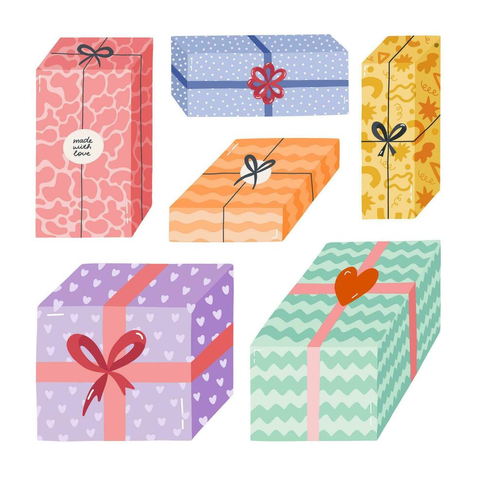 Set with closed gift box with ribbon, bow and sticker. Present for birthday, wedding, Christmas, holiday, shopping. Stylized hand drawn vector clipart. For greeting card, banner, invitation, stickers