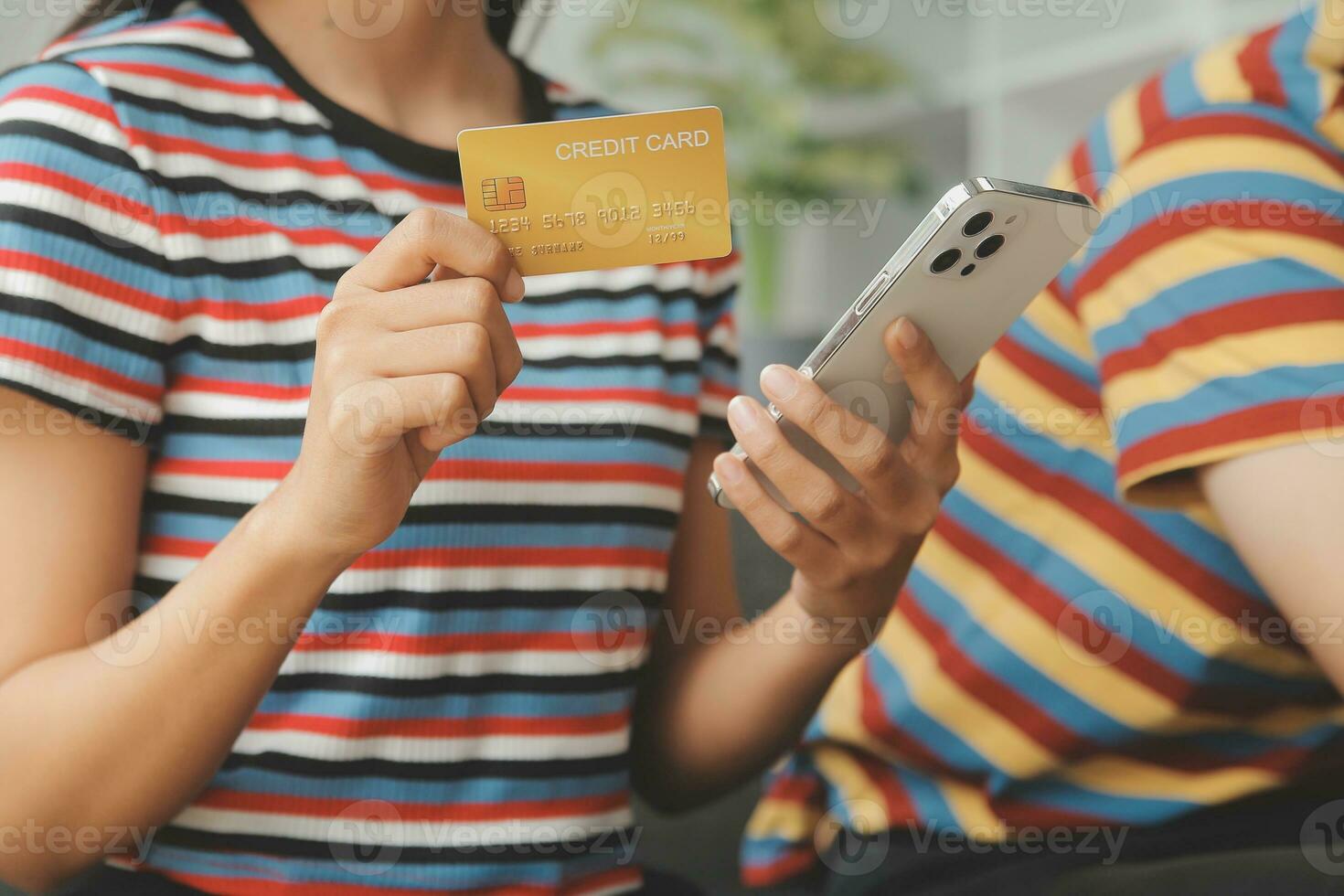 Young couple use credit card for online shopping on internet website at home. Number on the credit card is mock up. No personal information shown on the credit card. Online business shopping concept. photo