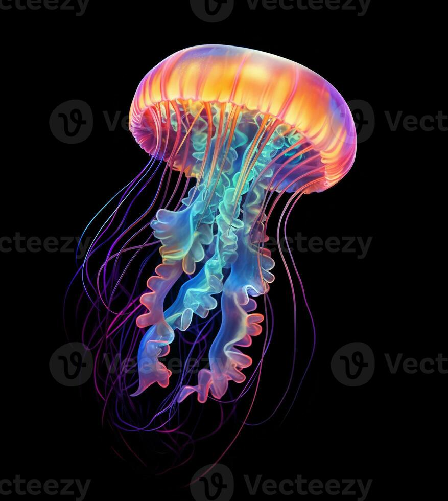 Glowing jellyfish swim deep in blue sea, neon jellyfish fantasy on black background photo